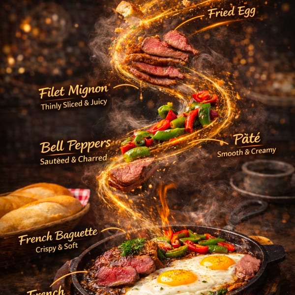 A sizzling skillet with filet mignon, fried eggs, bell peppers, and a French baguette.