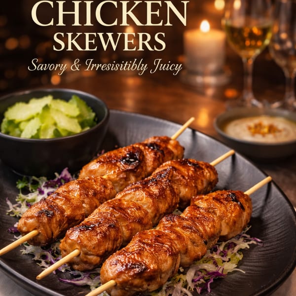 Four grilled chicken skewers on a black plate with salad, a side dish, and wine glasses.