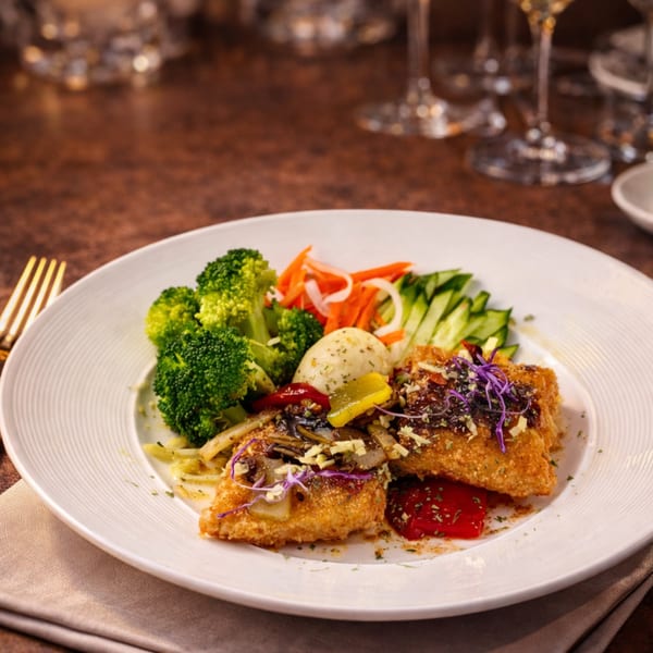 Crispy fried chicken or fish with broccoli, mashed potato, and pickled vegetables on a white plate.