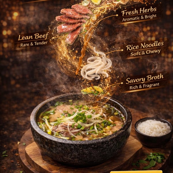 A steaming bowl of pho with beef, noodles, and herbs, with ingredients floating above.