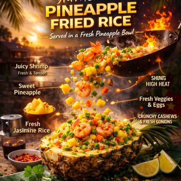 Pineapple fried rice with shrimp and vegetables, served in a pineapple bowl with a wok in the background.