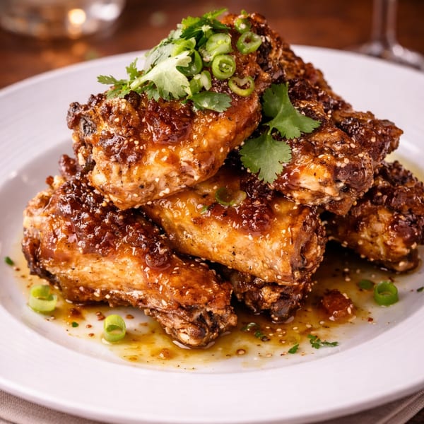A close-up of glazed chicken wings topped with cilantro and green onions on a white plate.