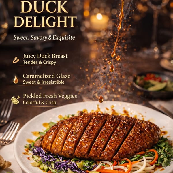 Sliced duck breast with caramelized glaze and pickled vegetables, with sauce drizzling over it.